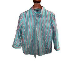 VINTAGE Y2K Ralph Lauren Shirt Womens L green Stripe 3/4 Sleeve Button Up Cotton